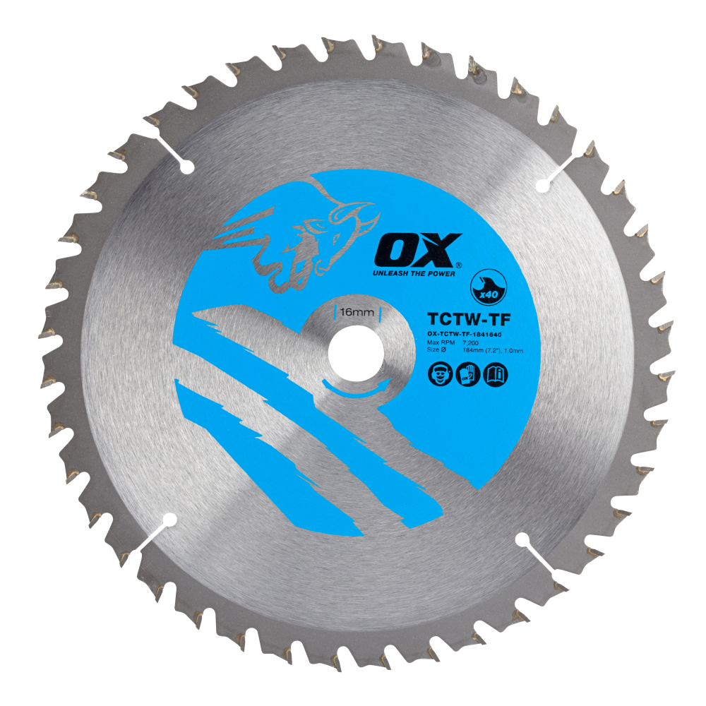 OX Wood Cutting Thin Kerf Circular Saw Blade 184/16mm, 40 Teeth ATB